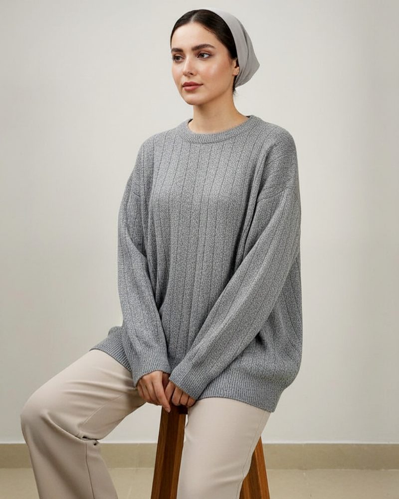 بلوز بافت زنانه طرح خطی یقه گرد ساده آستین بلند زنانه کد1769