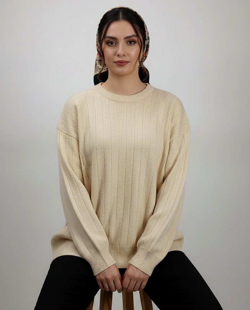 بلوز بافت زنانه طرح خطی یقه گرد ساده آستین بلند زنانه کد1769