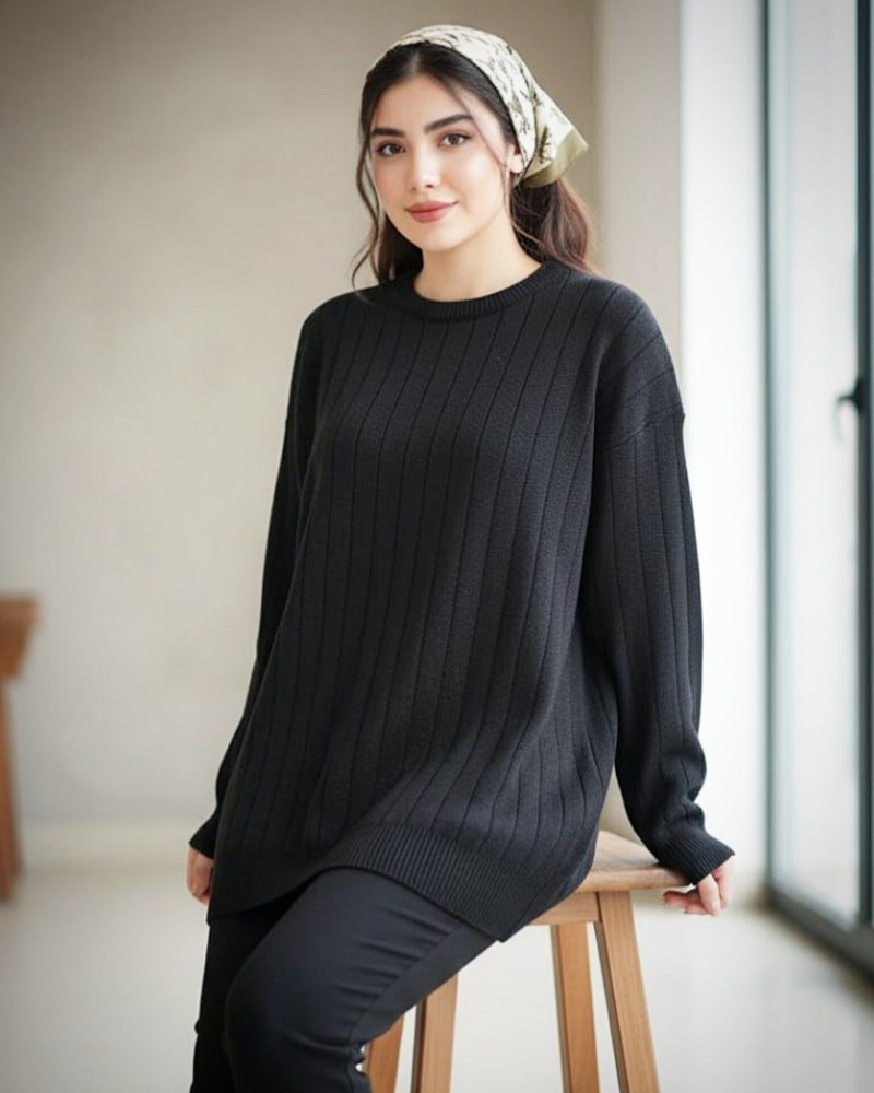 بلوز بافت زنانه طرح خطی یقه گرد ساده آستین بلند زنانه کد1769