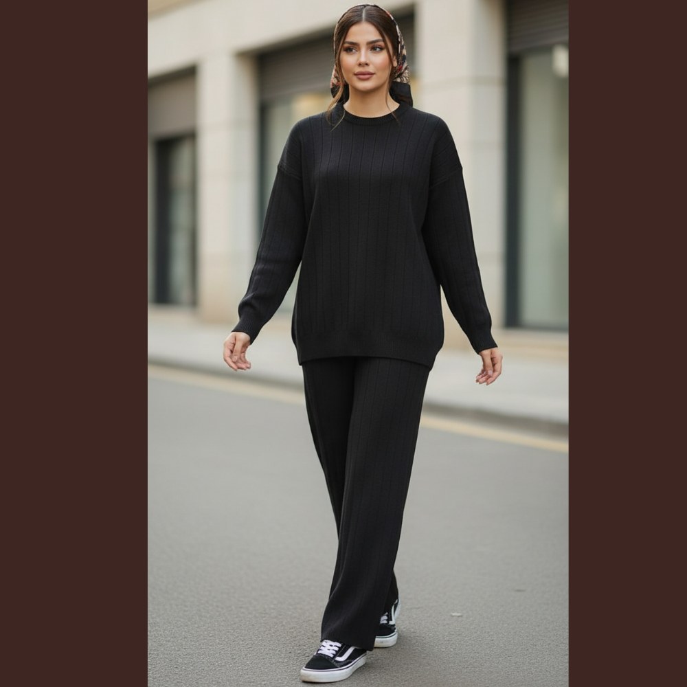 ست بافت بلوز شلوار ساده تک رنگ طرح ستونی یقه گرد آستین بلند زنانه کد 1768