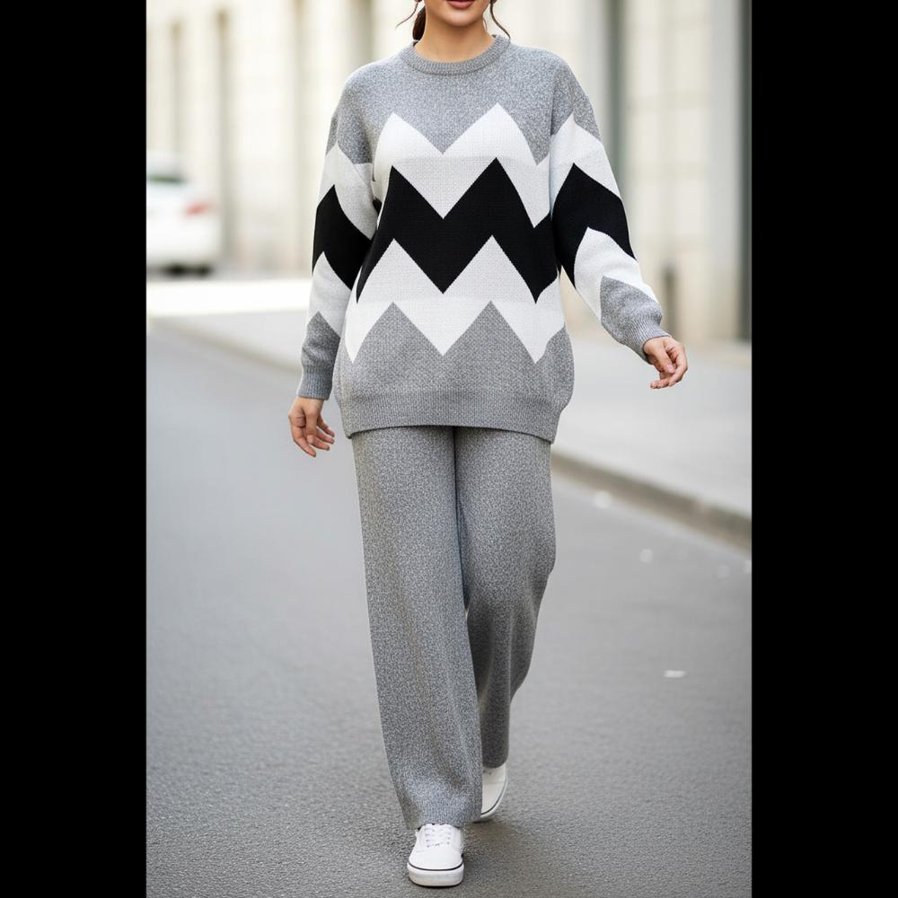 ست بافت بلوز شلوار هفت هشتی یقه گرد آستین بلند شلوار بگ ساده زنانه کد 1762