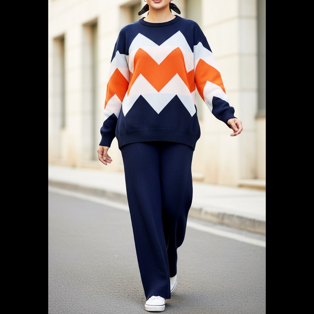 ست بافت بلوز شلوار هفت هشتی یقه گرد آستین بلند شلوار بگ ساده زنانه کد 1762