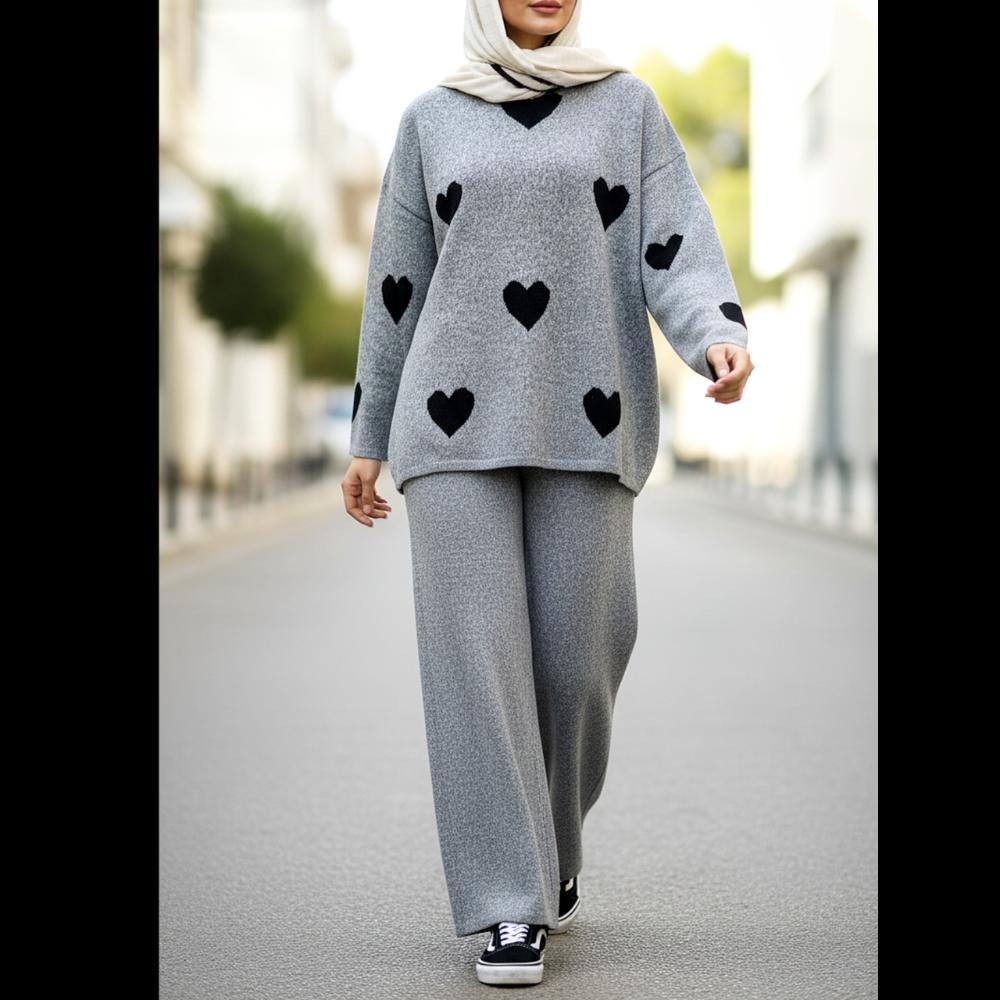 ست بلوز شلوار بافت قلبی یقه گرد آستین بلند زنانه کد1781