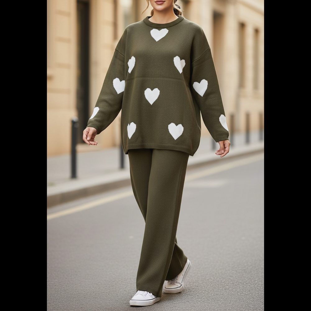 ست بلوز شلوار بافت قلبی یقه گرد آستین بلند زنانه کد1781