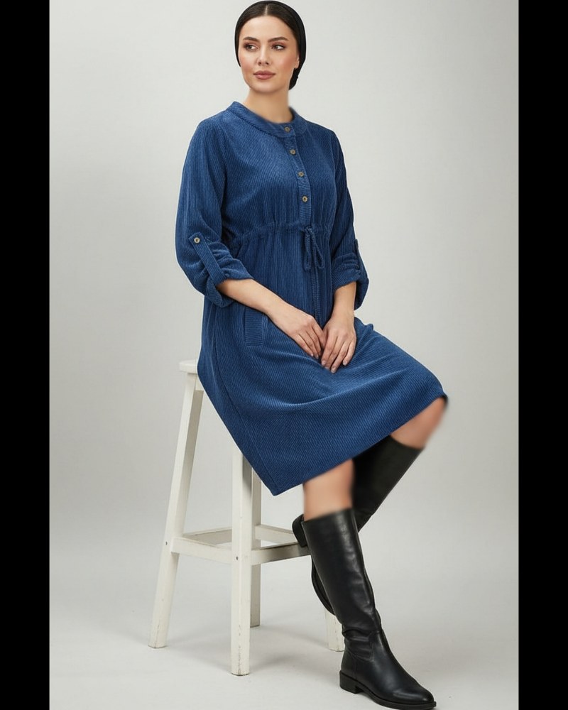 پیراهن مانتویی مخمل کبریتی کمر گت دار جیب دار یقه گرد آستین بلند 1119