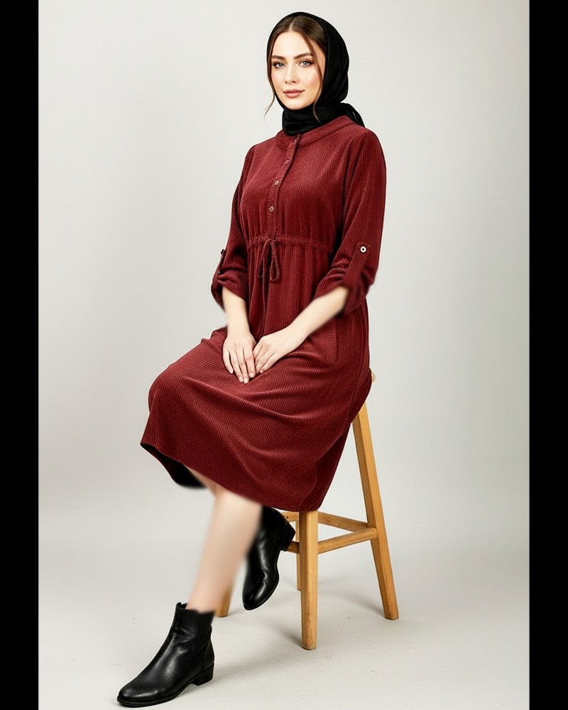 پیراهن مانتویی مخمل کبریتی کمر گت دار جیب دار یقه گرد آستین بلند 1119