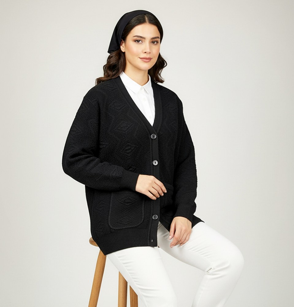 ژاکت بافت پنج دکمه نخ اکریل دو جیب یقه هفت زنانه کد1778