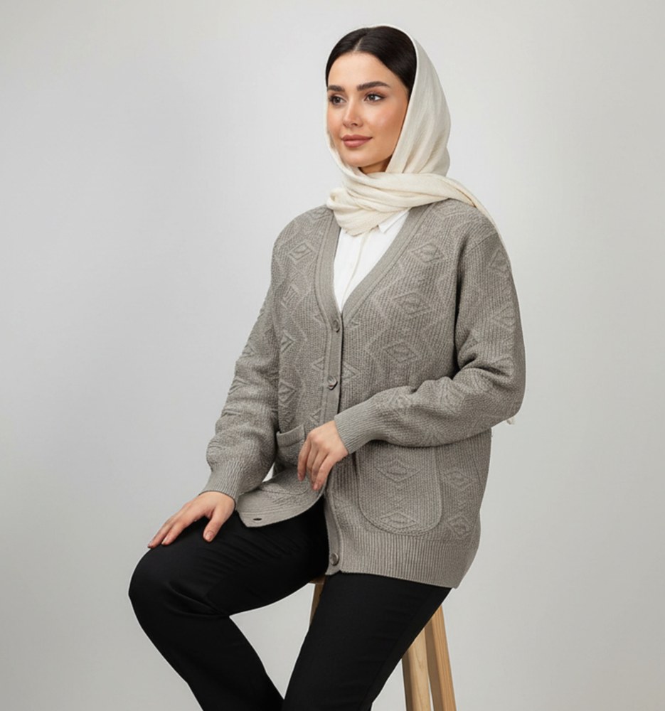 ژاکت بافت پنج دکمه نخ اکریل دو جیب یقه هفت زنانه کد1778