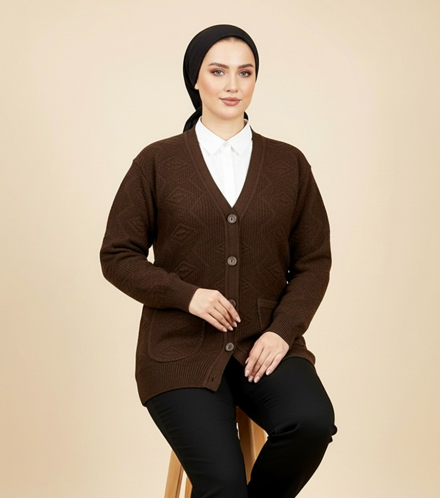 ژاکت بافت پنج دکمه نخ اکریل دو جیب یقه هفت زنانه کد1778