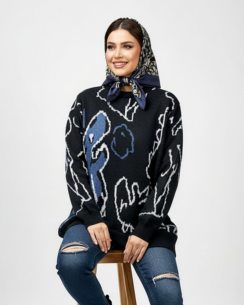 بلوز بافت زنانه یقه گرد آستین بلند طرح اژدها کد1449