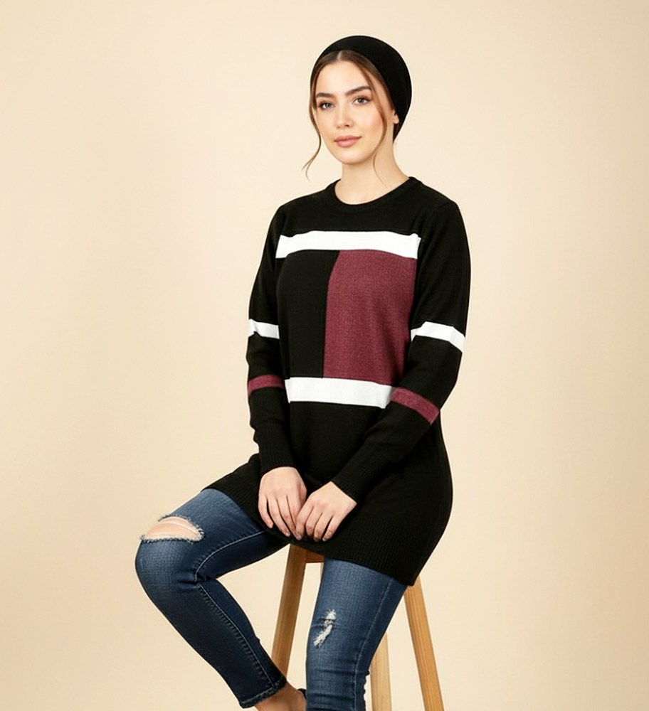 تونیک گپ بافت پایین کش بافت آستین بلند یقه گرد زنانه رنگ ترکیبی طرح مربع کد0893