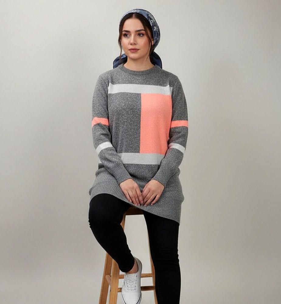 تونیک گپ بافت پایین کش بافت آستین بلند یقه گرد زنانه رنگ ترکیبی طرح مربع کد0893