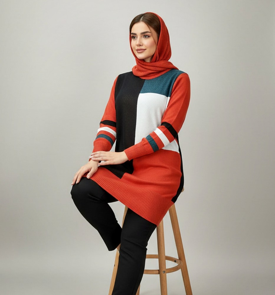 تونیک گپ بافت پایین کش بافت آستین بلند یقه گرد زنانه رنگ ترکیبی طرح مربع کد0893