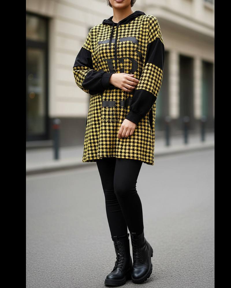 تونیک جلو بسته لش کلاه دار پیچازی آستین بلند جلو چاپ زرد و مشکی پاییزه زنانه کد 1152