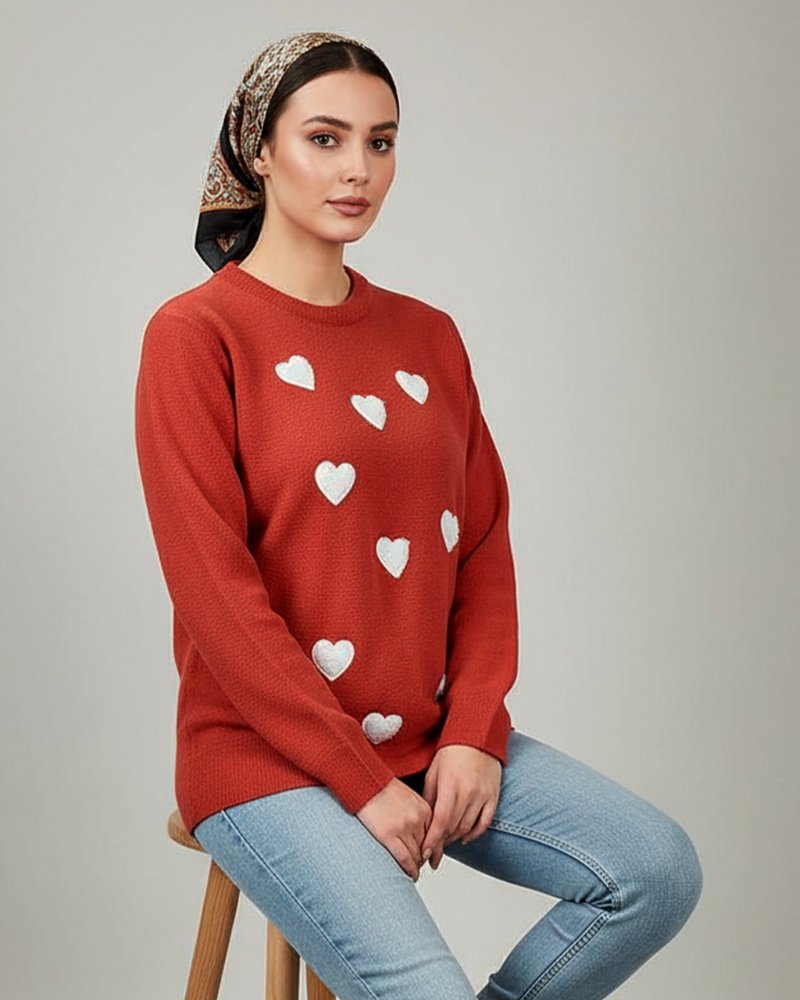 بلوز بافت قلبی گلدوزی برجسته نخ بوکله آستین بلند یقه گرد زنانه کد 1857