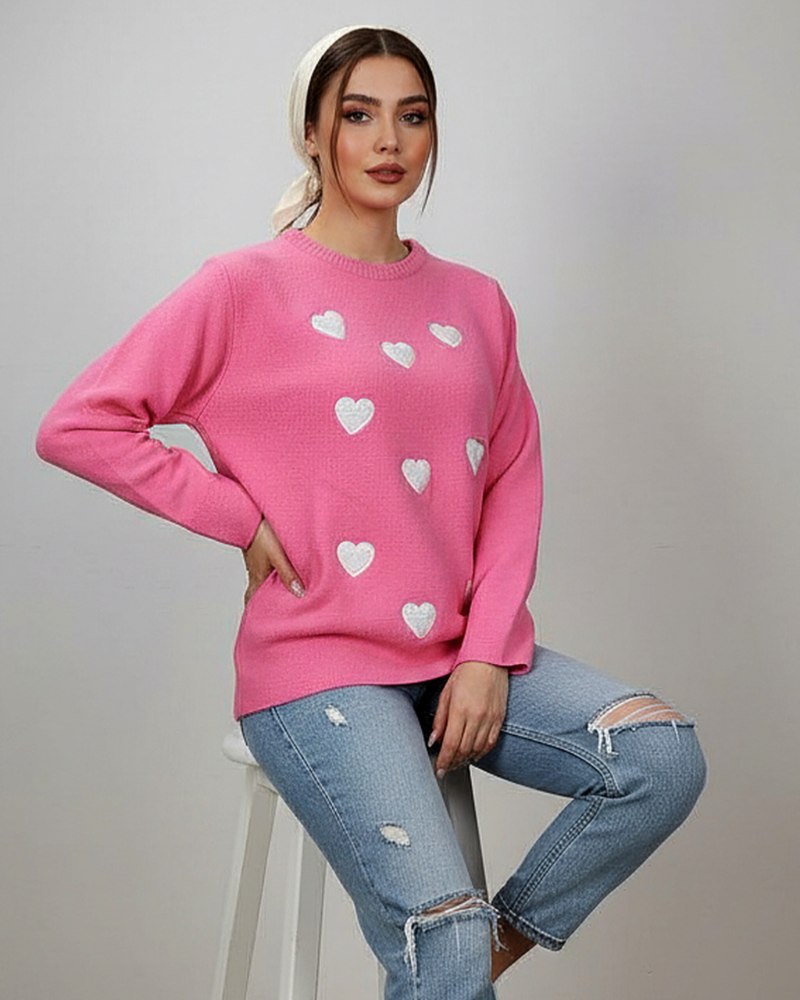 بلوز بافت قلبی گلدوزی برجسته نخ بوکله آستین بلند یقه گرد زنانه کد 1857