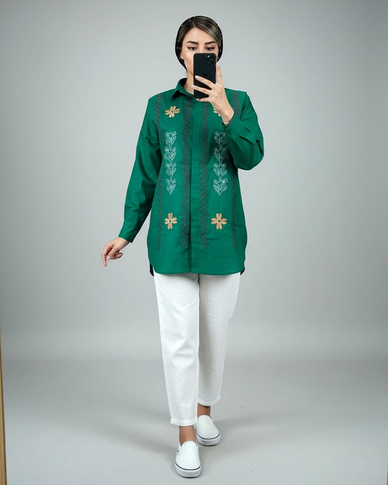 مانتو کتان گلدوزی بابونه و شمشاد یقه دار دکمه قاپک مخفی آستین بلند زنانه کد1624