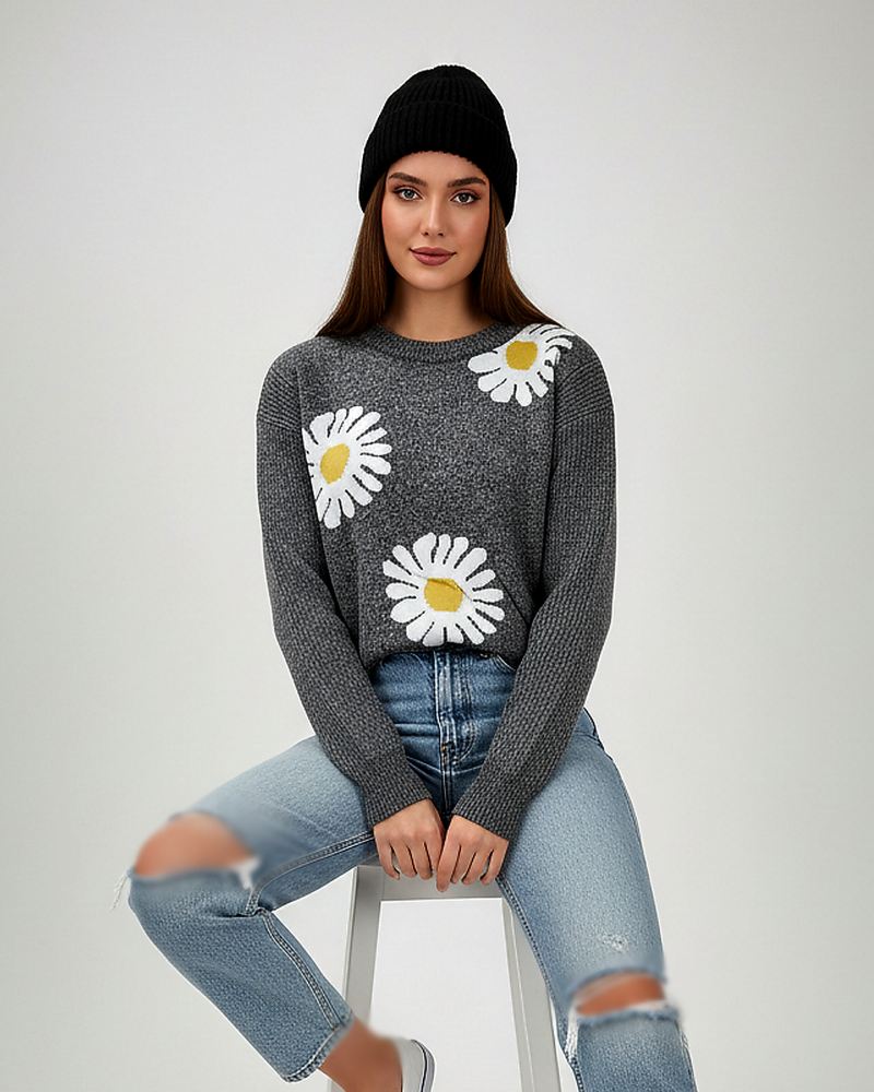 کراپ بافت آستین بلند گل بابونه یقه کرد زنانه کد 1860