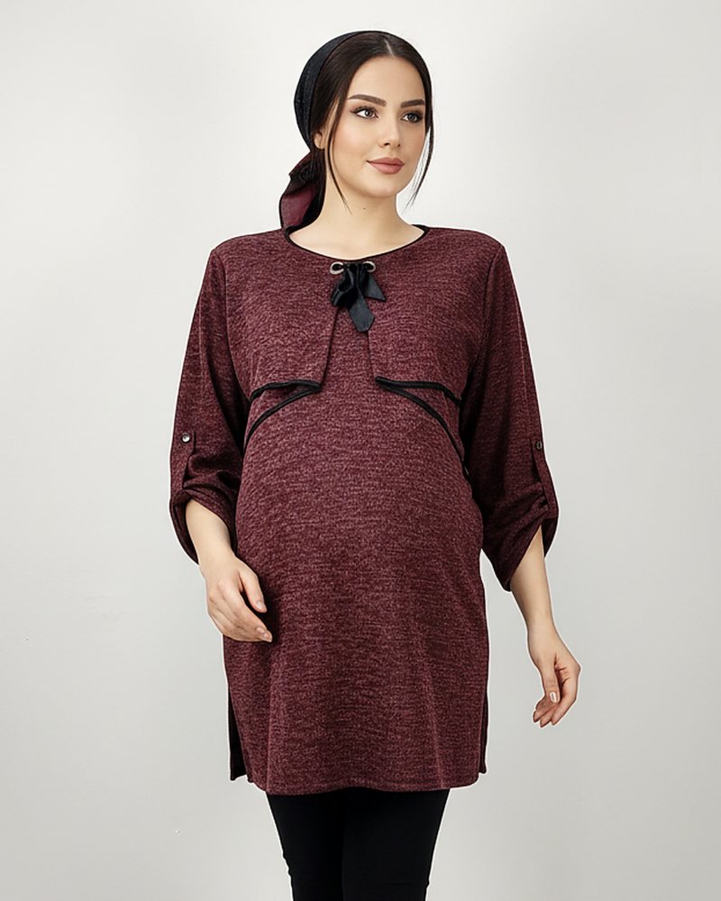 تونیک بارداری و شیردهی زیپ دار پارچه آنغوره کمر بند دار آستین بلند زنانه کد 1411