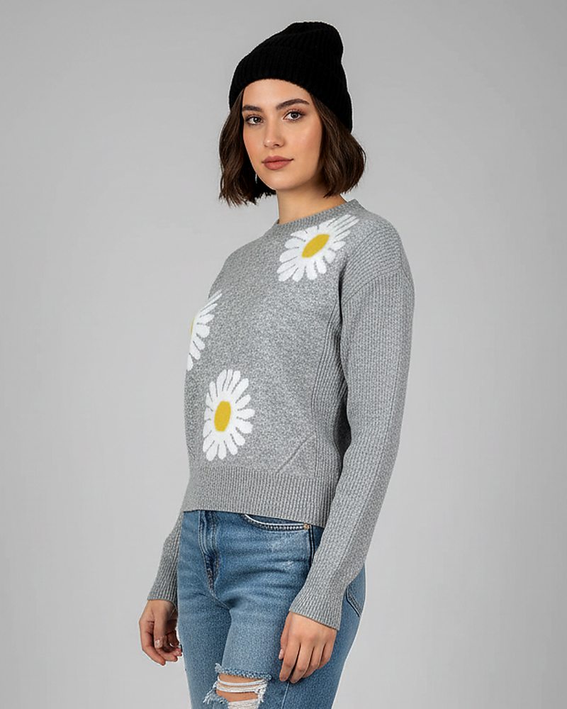 کراپ بافت آستین بلند گل بابونه یقه کرد زنانه کد 1860