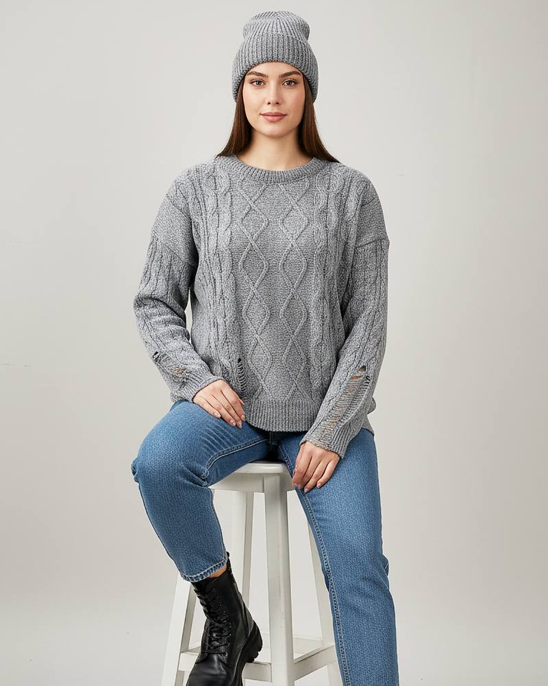 بلوز بافت آران بافی زاپ دار یقه گرد آستین بلند پشت ساده زنانه کد1863