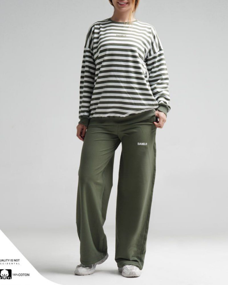 ست بلوز شلوار زنانه دورس پنبه آستین بلند یقه گرد راه راه و شلوار نیم بگ کد ۱۱۳۲