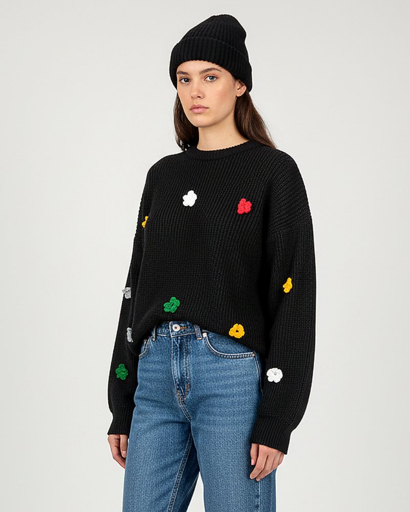 بلوز بافت زنانه لش جودان بافی آستین بلند یقه گرد خرج کار گل قلاب بافی کد 1871