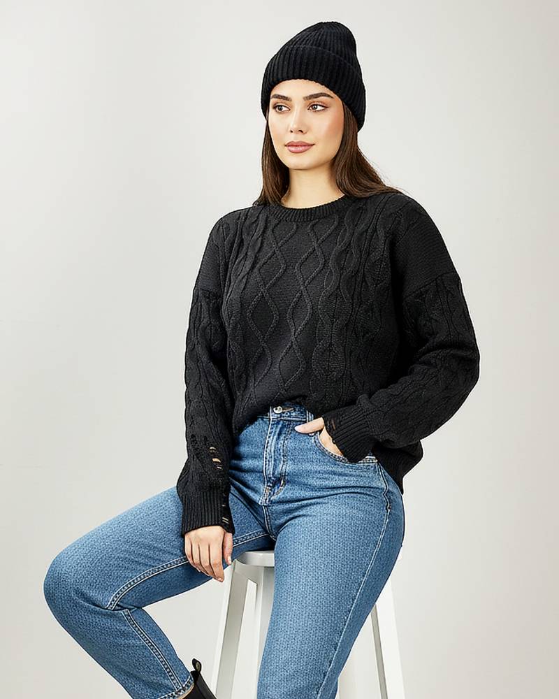 بلوز بافت آران بافی زاپ دار یقه گرد آستین بلند پشت ساده زنانه کد1863