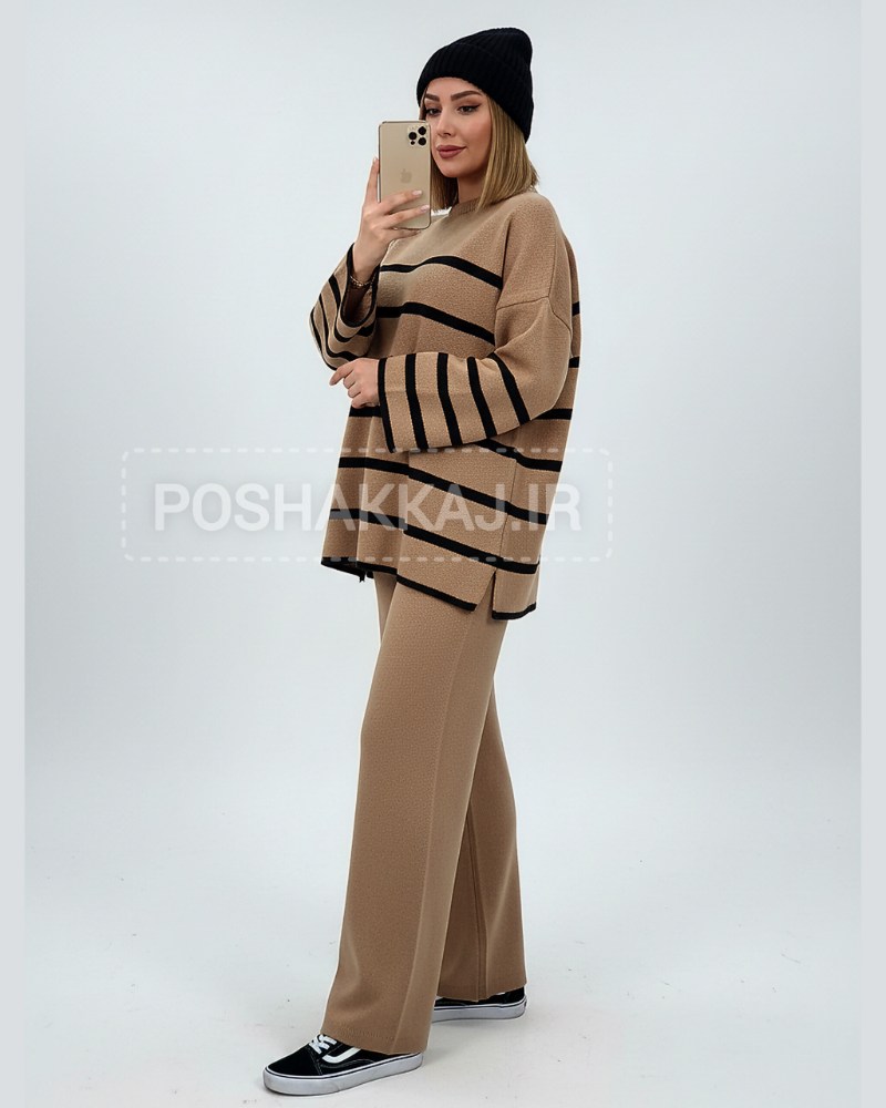 ست بافت بلوز شلوار راه راه پهن با شلوار بگ کمر کش زنانه کد1786