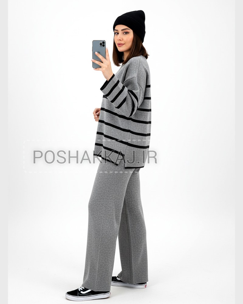 ست بافت بلوز شلوار راه راه پهن با شلوار بگ کمر کش زنانه کد1786