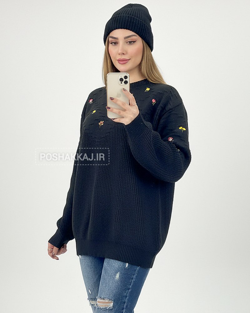 بلوز بافت گلدوزی یقه گرد آستین بلند زنانه کد1744