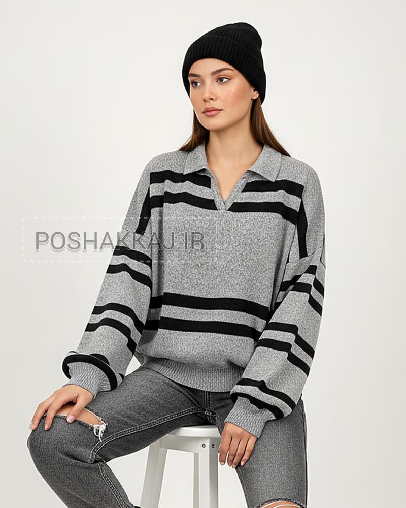 بلوز بافت زنانه یقه دار یقه هفت باکسی آستین بلند طرح دو خط دوبل کد 1870