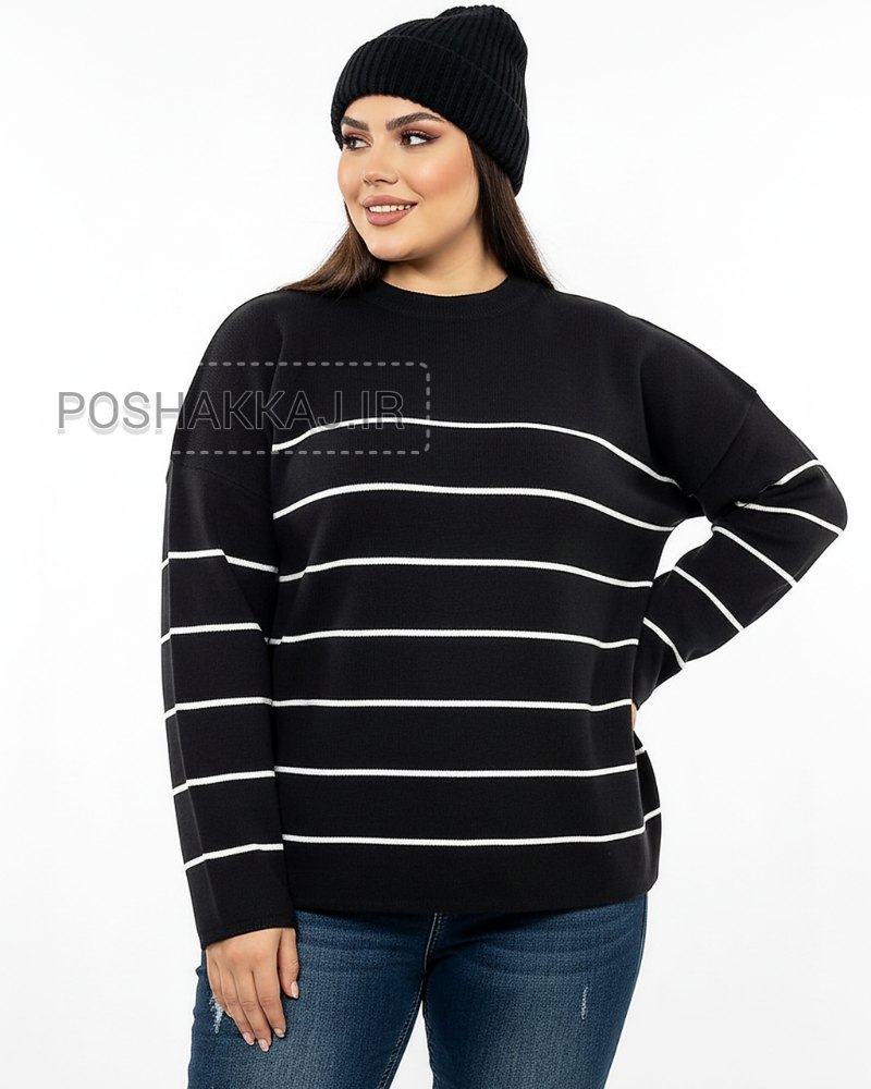 بلوز بافت زنانه سایز بزرگ مشکی راه راه ریز یقه گرد آستین بلند پلاس کد 1880