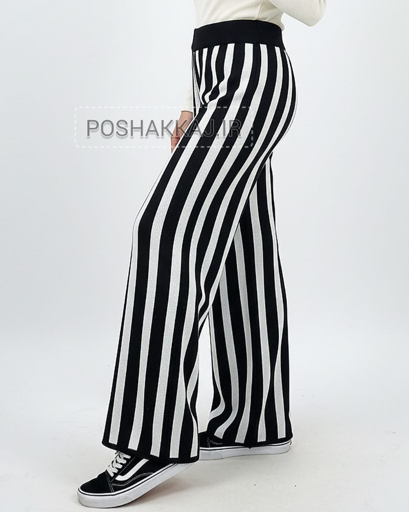 شلوار بافت زنانه راه راه درشت کمر کش سفید مشکی راسته گشاد کد 0742