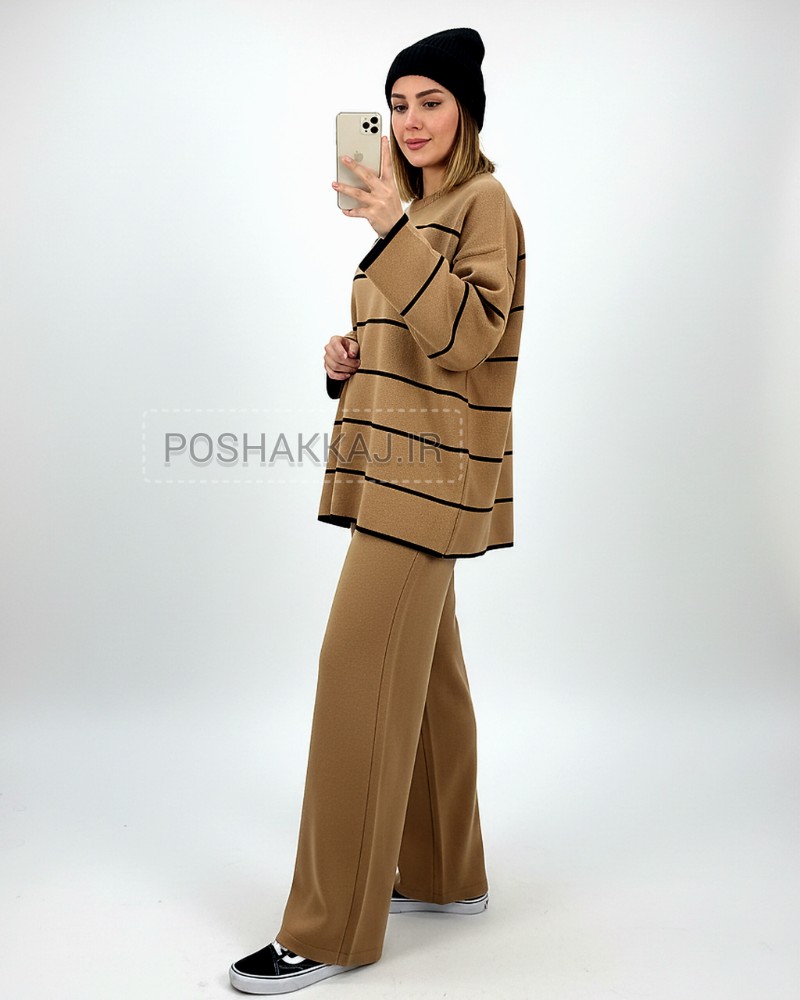 ست بافت زنانه راه راه ریز لش یقه گرد آستین بلند شلوار بگ کمر کش ساده کد 1888