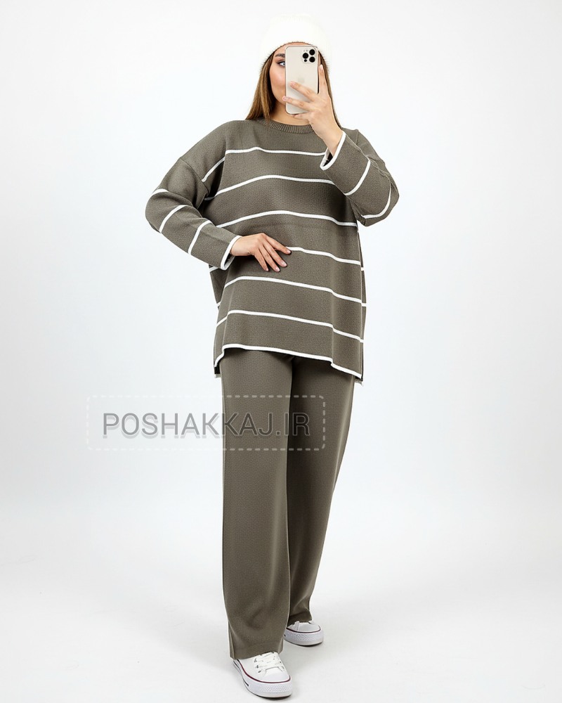 ست بافت زنانه راه راه ریز لش یقه گرد آستین بلند شلوار بگ کمر کش ساده کد 1888