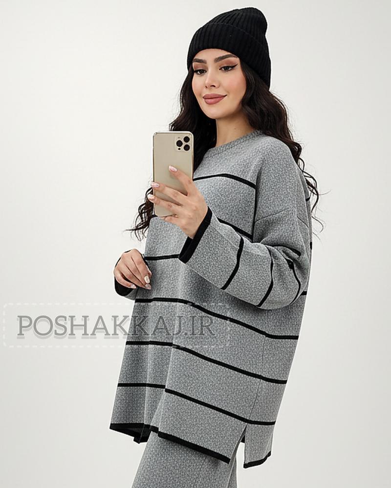 بلوز بافت زنانه پینترسی راه راه لش یقه گرد آستین بلند کد 1872