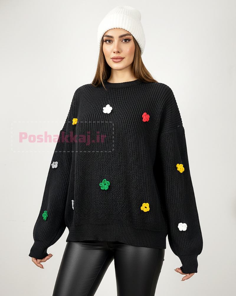 بلوز بافت زنانه لش جودان بافی آستین بلند یقه گرد خرج کار گل قلاب بافی کد 1871