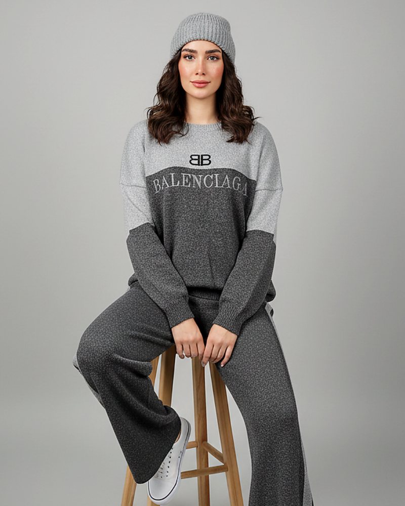 ست بافت بلوز شلوار دو رنگ گلدوزی نوشته بالنسیاگا یقه گرد آستین بلند زنانه کد1861