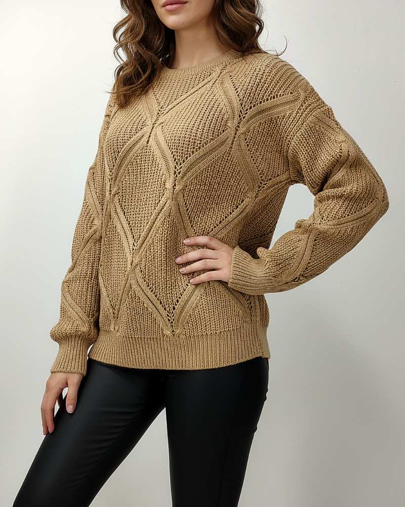 بلوز بافت زنانه آران بافی طرح لوزی های بزرگ یقه گرد آستین بلند جودان بافت کد 1898