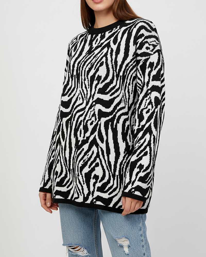 تونیک بافت زنانه طرح زبرا آستین بلند یقه گرد ریز بافت کد 1903