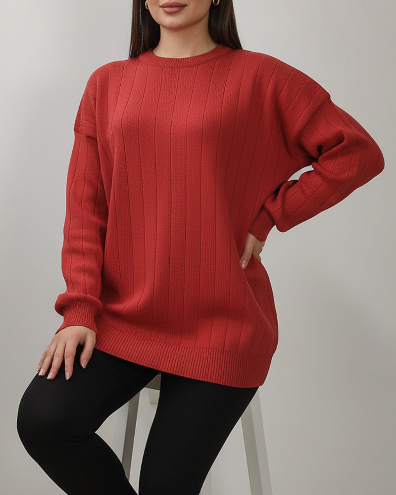 بلوز بافت زنانه طرح خطی یقه گرد ساده آستین بلند زنانه کد1769