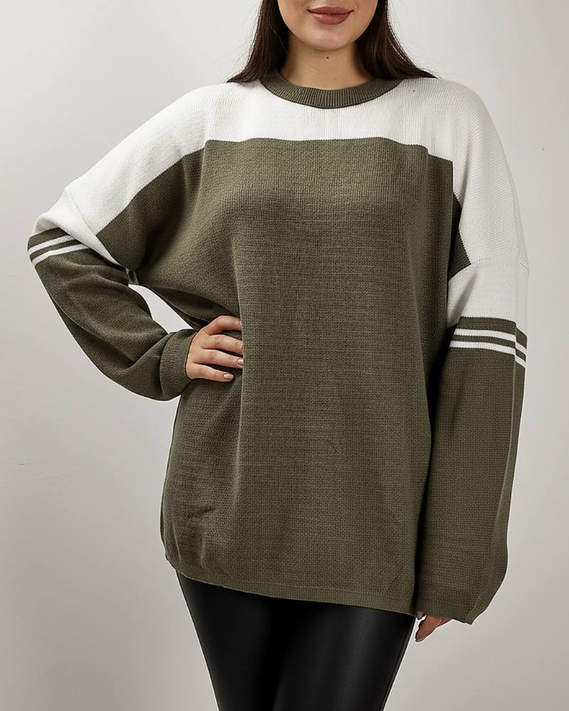 بلوز بافت زنانه لش آستین بلند دو رنگ بازو دو خط یقه گرد کد1911