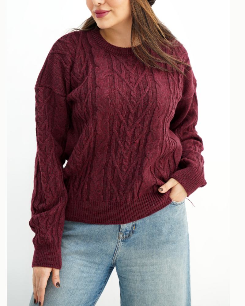 بلوز بافت زنانه طرح کابلی برجسته طناب یقه گرد آستین بلند کد 1910