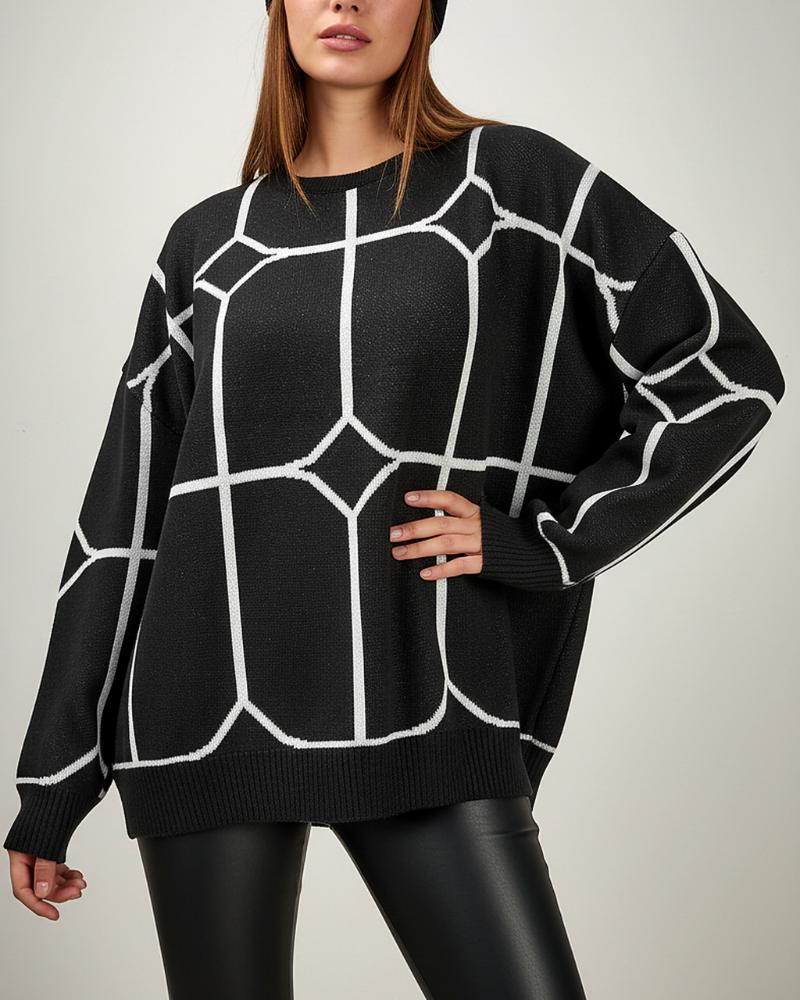 بلوز بافت زنانه قواره باکسی طرح اشکال هندسی یقه گرد آستین بلند کد 1916