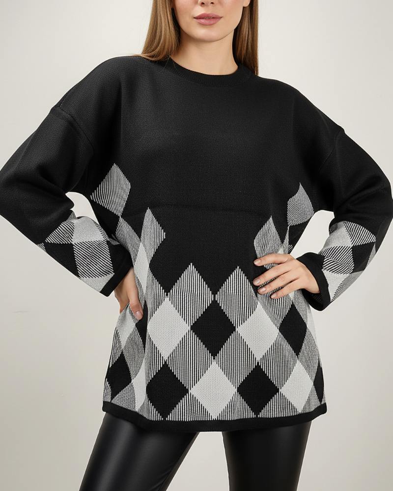 بلوز بافت زنانه طرح پایین لوزی آستین بلند یقه گرد ریز بافت