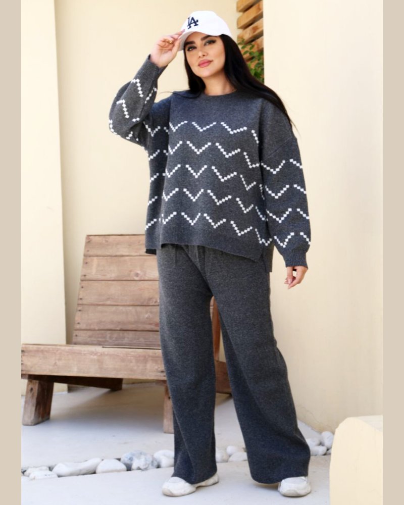 ست بافت زنانه قواره باکسی طرح موج کامپیوتری یقه گرد آستین بلند کد 1920