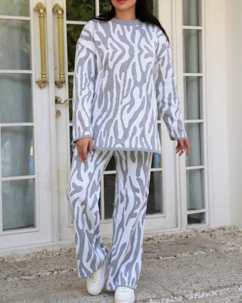 ست بافت زنانه طرح ابرو بادی یقه گرد آستین بلند ریز بافت کد 1925