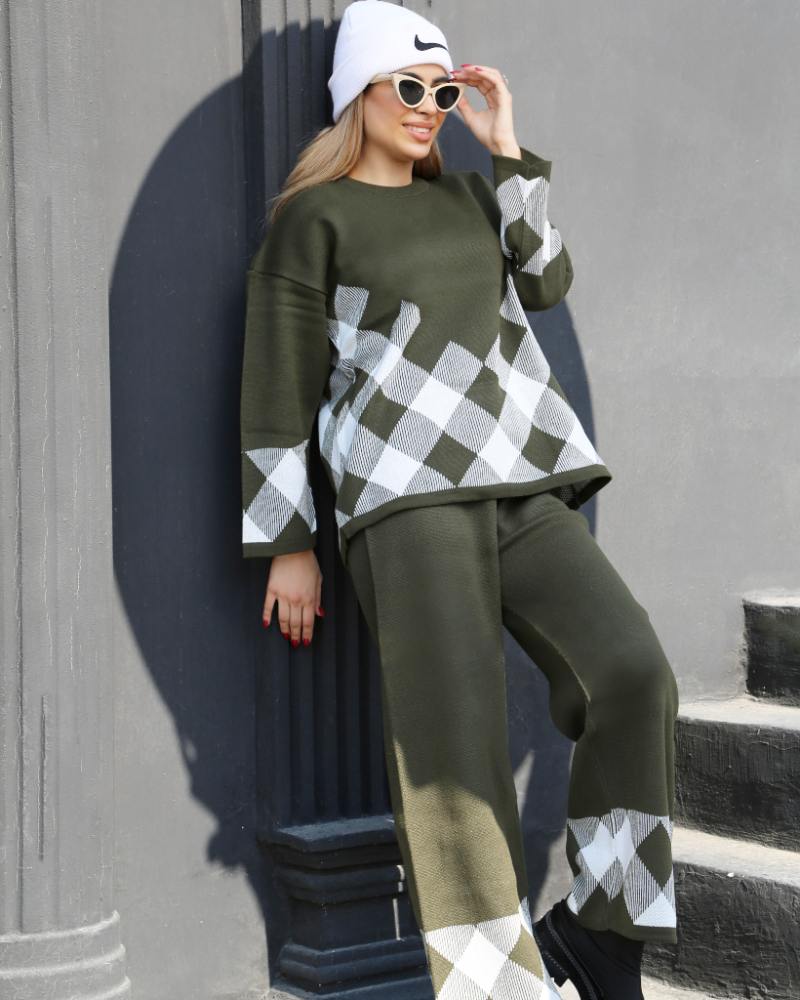 ست بافت زنانه دمپا طرح لوزی یقه گرد آستین بلند ریز بافت کد 1917