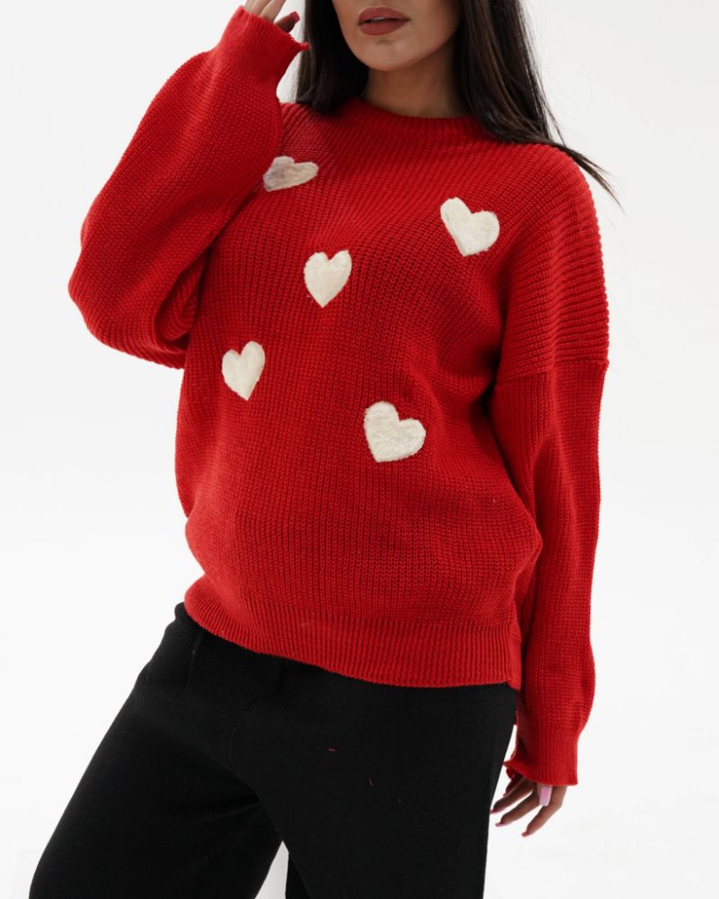 بلوز بافت قلبی زنانه لش آستین بلند یقه گرد جودان بافت با قلب‌های برجسته گلدوزی کد ۱۹۰۴